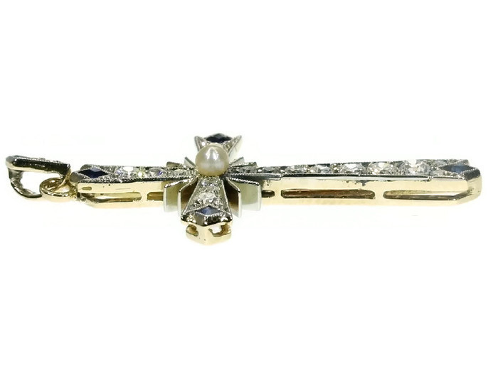 Estate Art Deco cross with diamonds sapphires and a pearl